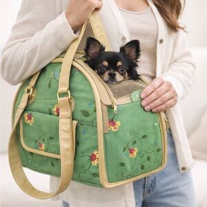 Floral Embroidered Pet Carrier Bag | Green Canvas Small Dog Travel Tote 15x11x8